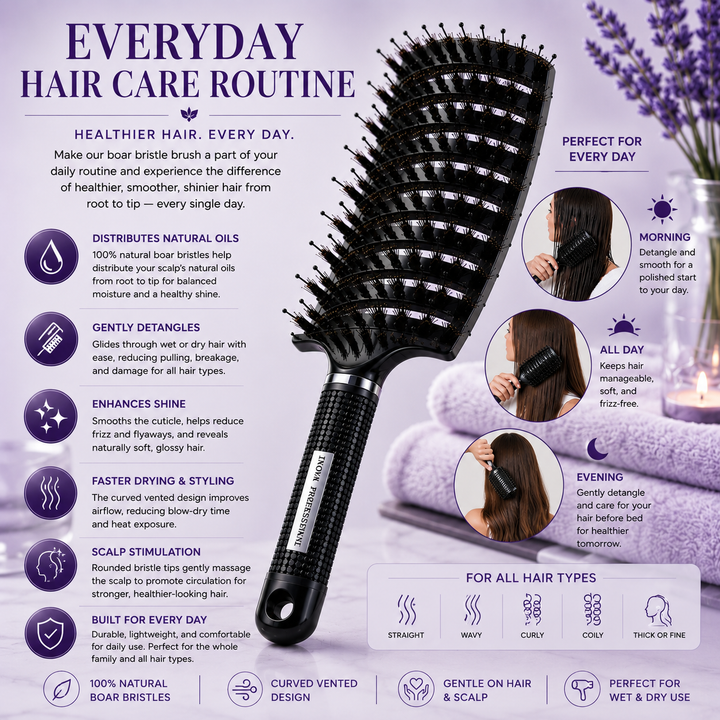 Inova Professional Boar Bristle Hair Brush – Curved Vented Detangler for Wet & Dry Hair, Adds Shine & Reduces Frizz
