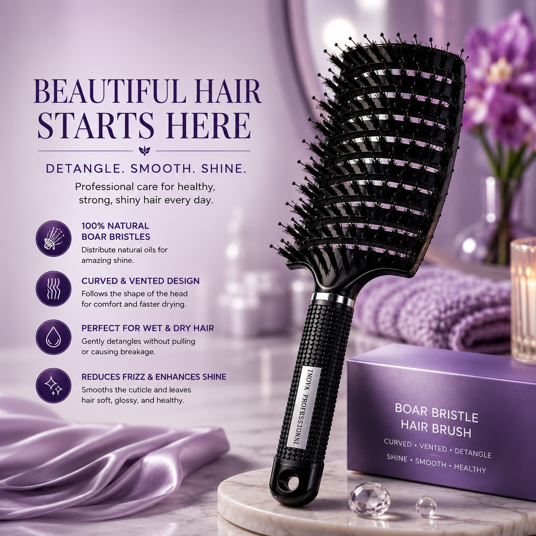 Inova Professional Boar Bristle Hair Brush luxury lifestyle image featuring a premium curved vented brush with natural boar bristles designed to gently detangle wet and dry hair, distribute natural oils from root to tip, reduce frizz, enhance shine, and promote healthier-looking hair. The lightweight ergonomic design provides comfortable styling and faster blow-drying on a soft light purple salon-inspired background.