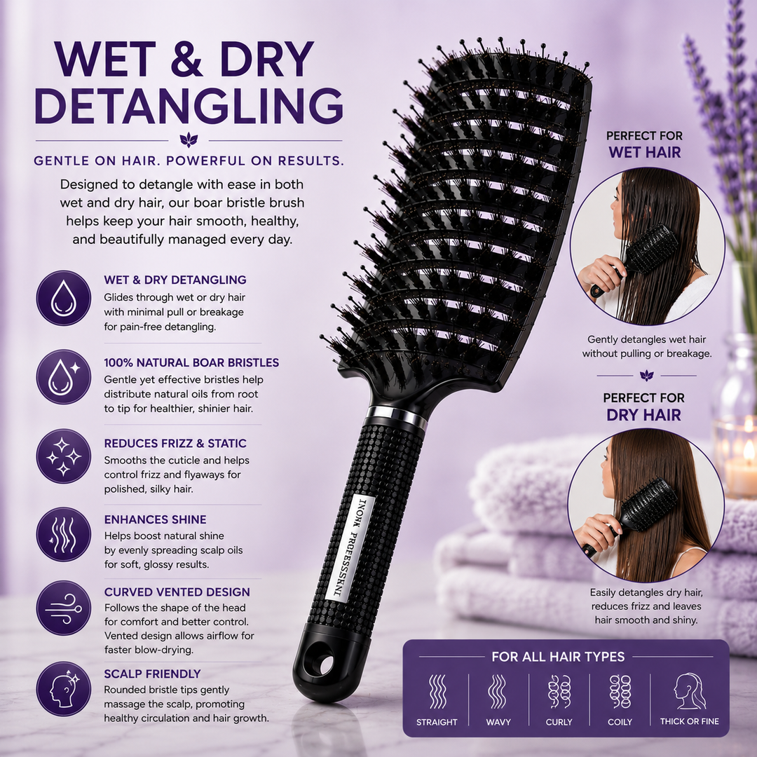 Inova Professional Boar Bristle Hair Brush wet and dry detangling image demonstrating effortless detangling on both wet and dry hair. The curved vented design and 100% natural boar bristles glide smoothly through all hair types to reduce pulling, minimize breakage, control frizz and static, distribute natural scalp oils, enhance shine, and leave hair soft, healthy, and easy to style.
