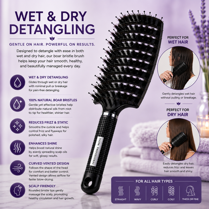 Inova Professional Boar Bristle Hair Brush wet and dry detangling image demonstrating effortless detangling on both wet and dry hair. The curved vented design and 100% natural boar bristles glide smoothly through all hair types to reduce pulling, minimize breakage, control frizz and static, distribute natural scalp oils, enhance shine, and leave hair soft, healthy, and easy to style.