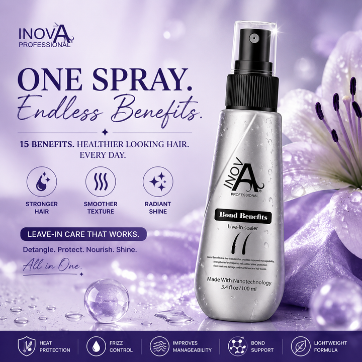 Inova Professional Bond Benefits Leave-In Spray 3.4 oz showcasing a lightweight leave-in formula designed to help detangle, smooth, protect against heat damage, control frizz, improve manageability, support hair bonds, and enhance shine for healthier-looking hair.