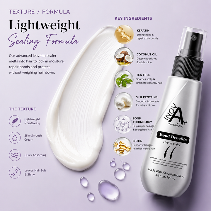 Inova Professional Bond Benefits Leave-In Sealer featuring lightweight bond-repair formula with keratin, coconut oil, tea tree, silk proteins, biotin, and bond technology for stronger, smoother, healthier-looking hair.