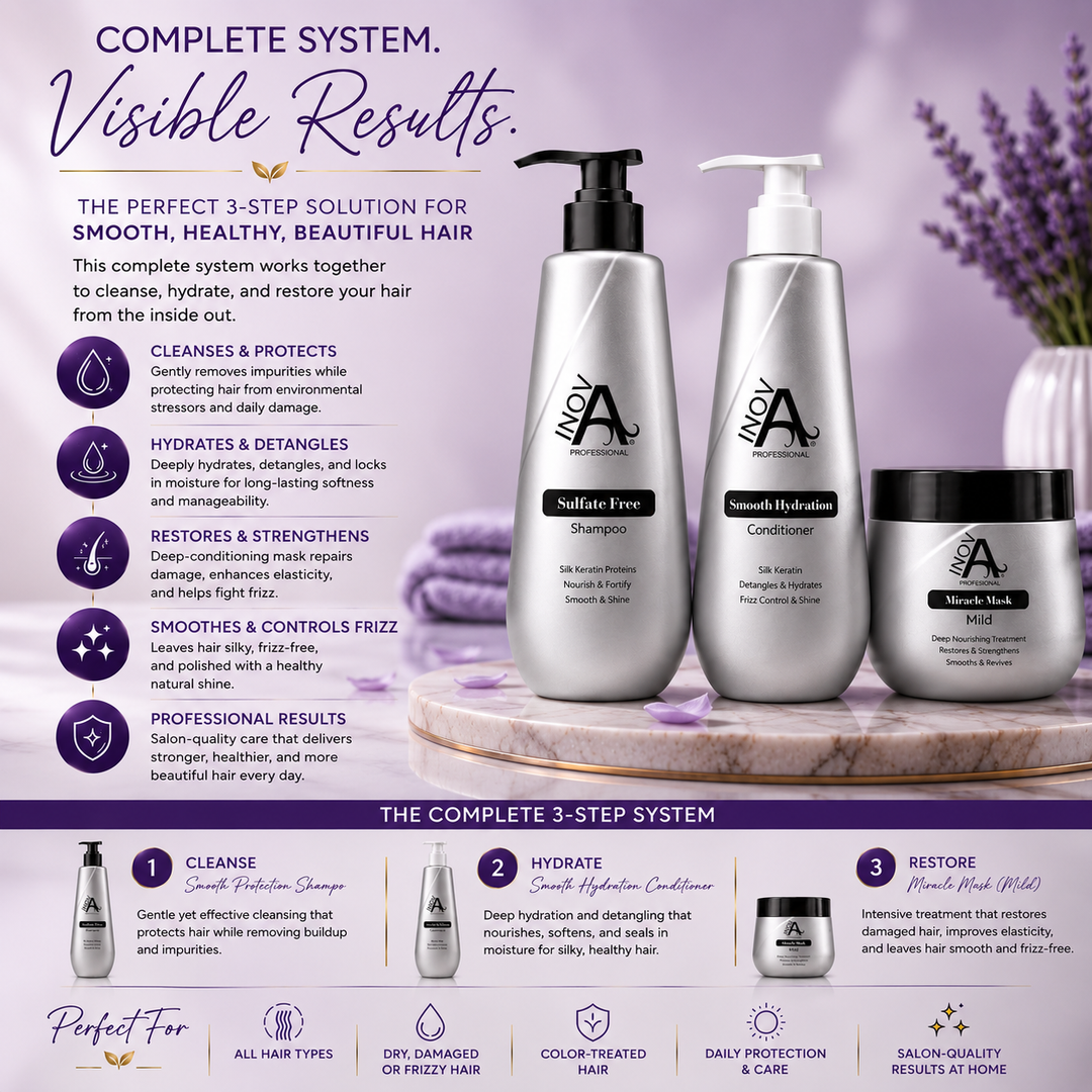 Inova Professional Complete Hair Care System benefits image featuring Smooth Protection Shampoo, Smooth Hydration Conditioner, and Miracle Mask working together as a complete 3-step routine. This professional hair care system gently cleanses, deeply hydrates, restores damaged hair, reduces frizz, improves softness and shine, strengthens hair, and leaves all hair types healthy, smooth, manageable, and salon beautiful every day.