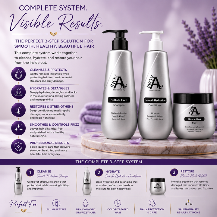 Inova Professional Complete Hair Care System benefits image featuring Smooth Protection Shampoo, Smooth Hydration Conditioner, and Miracle Mask working together as a complete 3-step routine. This professional hair care system gently cleanses, deeply hydrates, restores damaged hair, reduces frizz, improves softness and shine, strengthens hair, and leaves all hair types healthy, smooth, manageable, and salon beautiful every day.