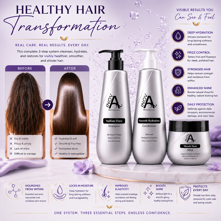 Inova Professional Healthy Hair Transformation image showcasing the complete 3-step hair care system with Smooth Protection Shampoo, Smooth Hydration Conditioner, and Miracle Mask. The before-and-after comparison highlights healthier, smoother, shinier, frizz-free hair with improved softness, hydration, strength, elasticity, and manageability. Designed for all hair types to deliver professional salon-quality results with everyday use.