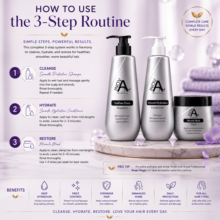 Inova Professional Brooke Collection How to Use 3-Step Routine image illustrating the complete professional hair care regimen. Step 1: Cleanse with Smooth Protection Shampoo. Step 2: Hydrate with Smooth Hydration Conditioner. Step 3: Restore with Miracle Mask. This three-step routine deeply cleanses, hydrates, repairs, strengthens, controls frizz, enhances shine, and leaves hair soft, healthy, and manageable for all hair types with salon-quality results.
