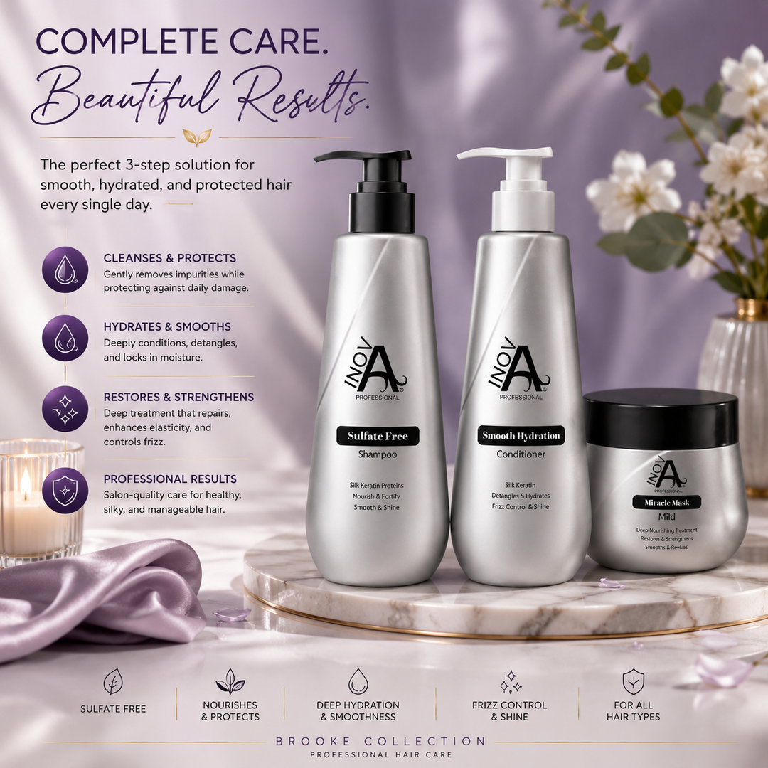 Inova Professional Brooke Collection luxury hair care lifestyle image featuring the complete Smooth Protection Shampoo, Smooth Hydration Conditioner, and Miracle Mask system in a premium spa-inspired setting. This professional three-step hair care routine gently cleanses, deeply hydrates, restores damaged hair, reduces frizz, enhances softness and shine, and helps maintain healthy, smooth, manageable hair for all hair types.