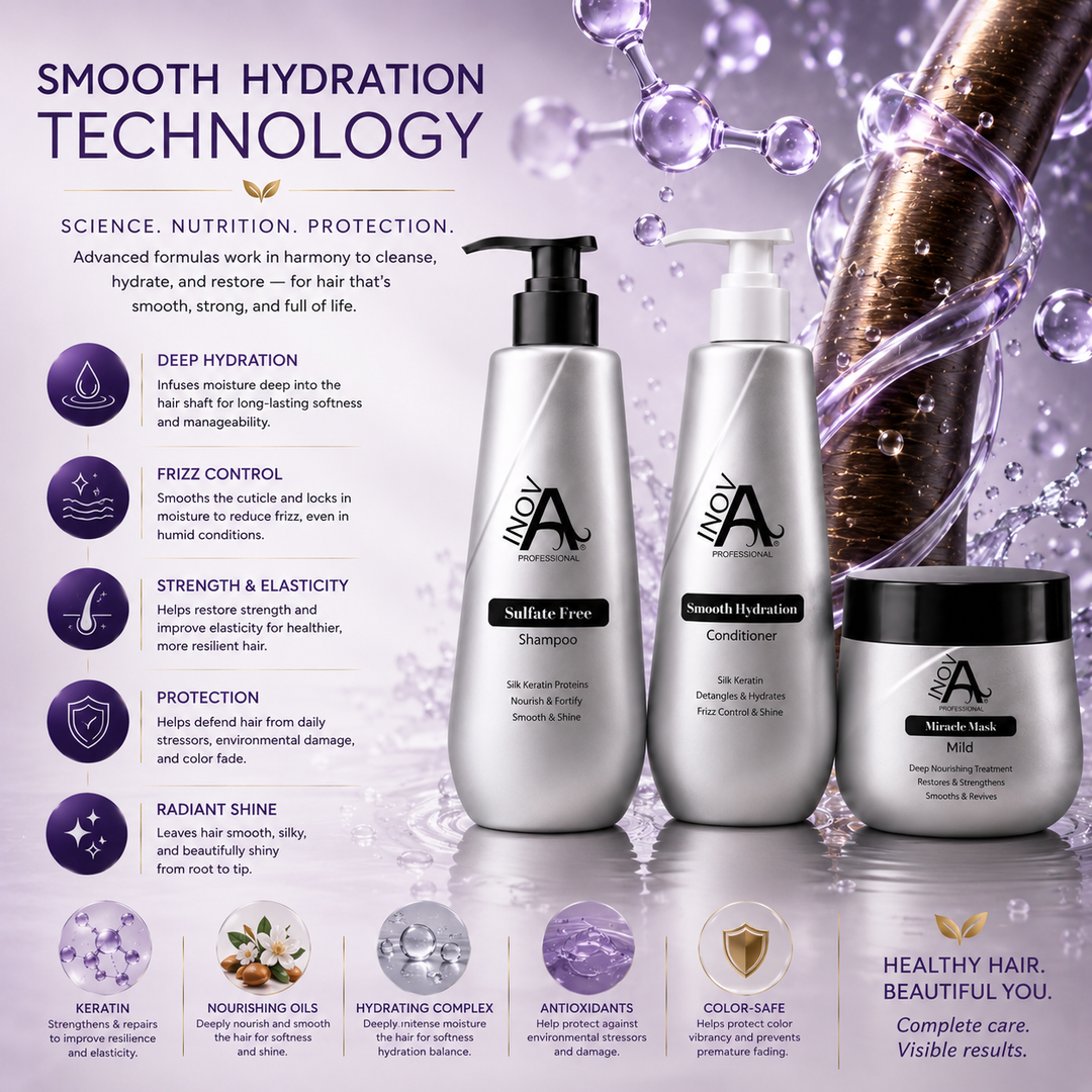 Inova Professional Smooth Hydration Technology image featuring the complete hair care system with Smooth Protection Shampoo, Smooth Hydration Conditioner, and Miracle Mask. Powered by NanoKeratin Technology to deeply hydrate, nourish, strengthen, smooth frizz, improve softness and elasticity, enhance natural shine, and protect hair from daily environmental stress for healthier, salon-quality results on all hair types.