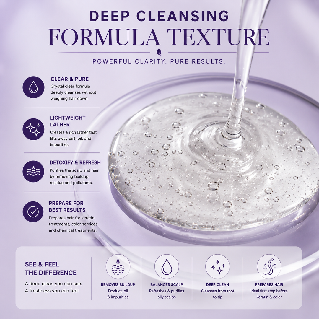 Inova Professional Clarifying Shampoo 34 oz deep cleansing formula texture image featuring a crystal-clear professional formula that creates a rich, lightweight lather to remove excess oil, product buildup, minerals, chlorine, hard water residue, and impurities. Designed to deeply purify the scalp without weighing hair down, leaving hair exceptionally clean, refreshed, balanced, and perfectly prepared for keratin treatments, color services, and professional chemical treatments.