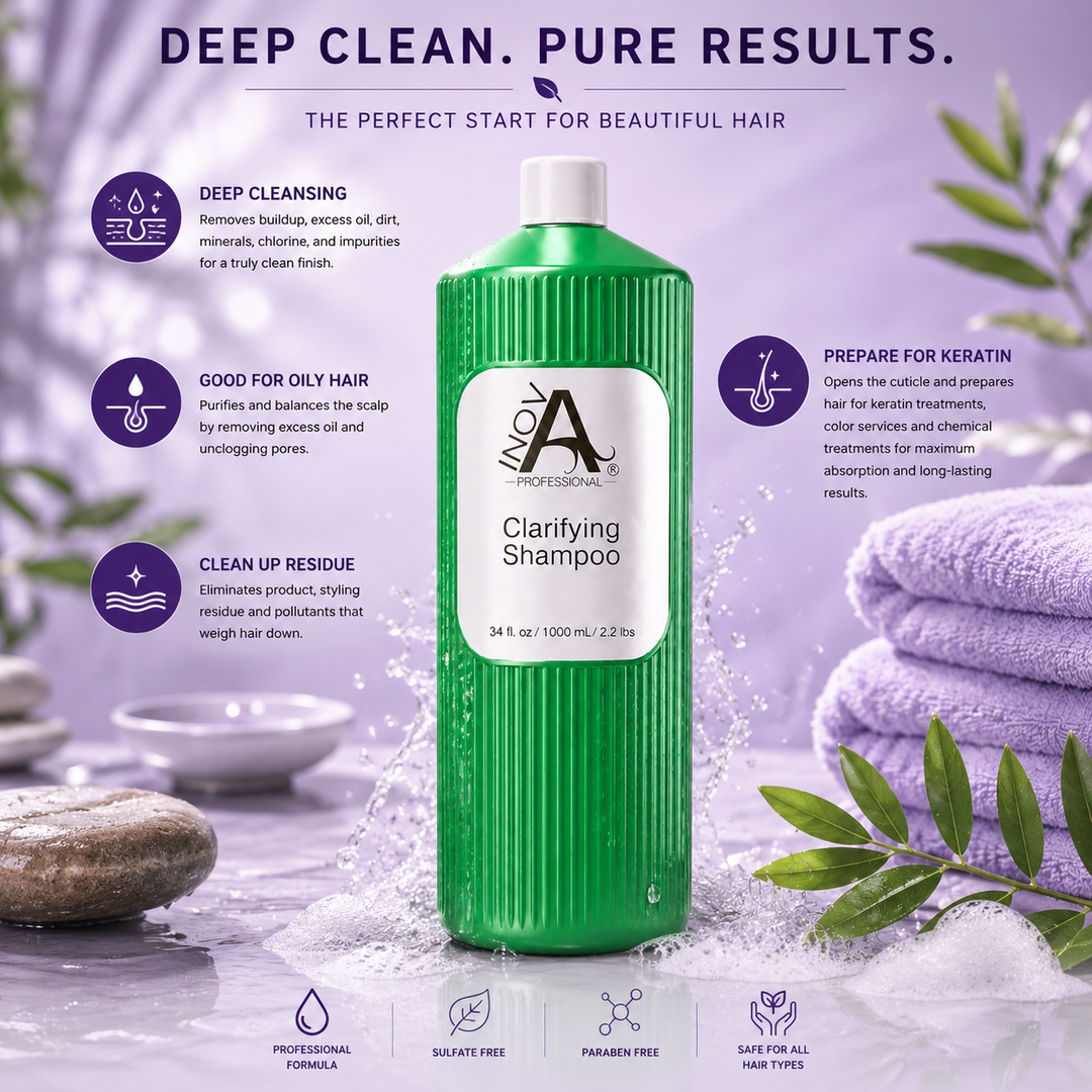 Inova Professional Clarifying Shampoo 34 oz luxury lifestyle image featuring a deep cleansing professional formula that removes excess oil, product buildup, minerals, chlorine, and impurities. Ideal for oily hair and scalp, this clarifying shampoo helps purify and refresh while preparing hair for keratin treatments, color services, and other professional chemical treatments, leaving hair exceptionally clean, lightweight, and ready for optimal results.