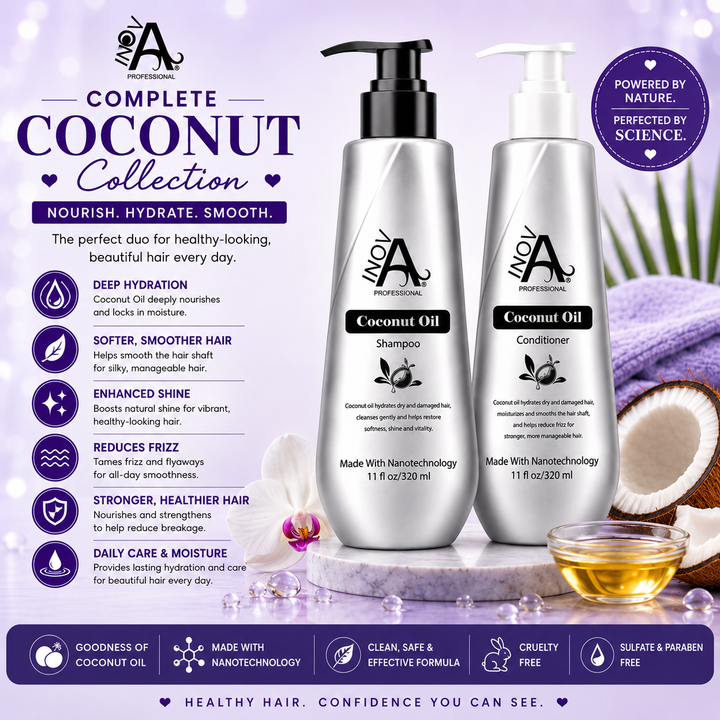 Inova Professional Coconut Oil Complete Collection featuring Coconut Oil Shampoo and Coconut Oil Conditioner formulated with Coconut Oil and Nanotechnology to hydrate, nourish, soften, smooth, enhance shine, reduce frizz, and support healthier-looking hair for daily moisture and care.
