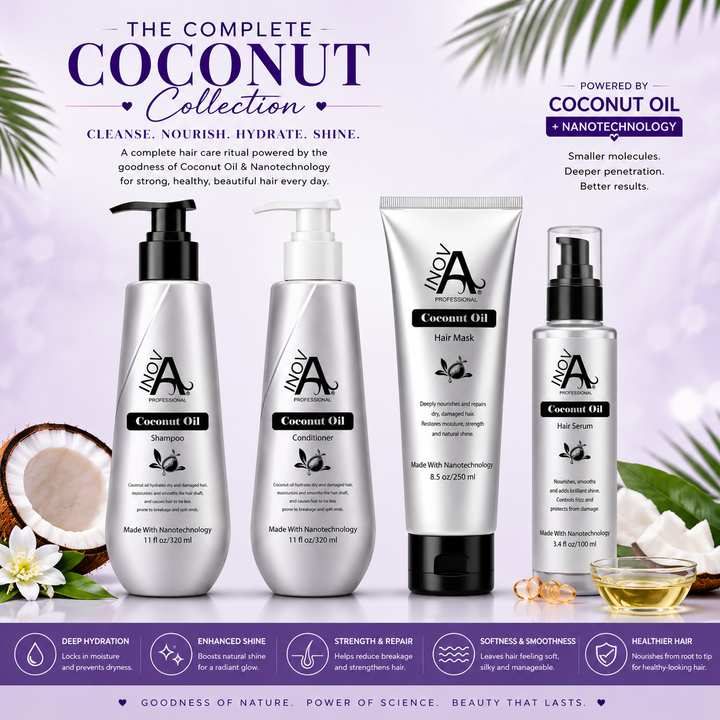 Inova Professional Coconut Oil Complete Collection featuring Coconut Oil Shampoo, Coconut Oil Conditioner, Coconut Oil Hair Mask, and Coconut Oil Hair Serum formulated with coconut oil and nanotechnology to hydrate, nourish, strengthen, smooth, enhance shine, and promote healthier-looking hair.
