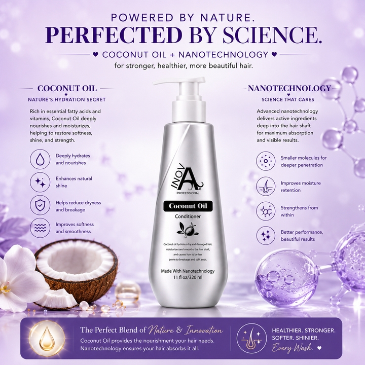 Inova Professional Coconut Oil Conditioner 11 oz technology and benefits image featuring Coconut Oil and Nanotechnology to deeply hydrate, nourish, improve softness, enhance shine, strengthen hair, reduce dryness, improve moisture retention, and support healthier-looking hair with every use.