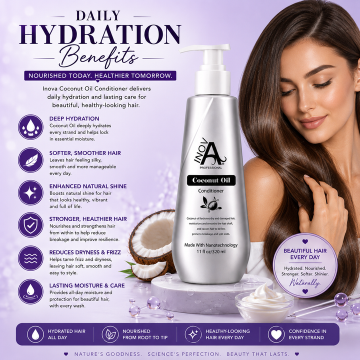 Inova Professional Coconut Oil Conditioner daily hydration benefits image featuring deep moisture, enhanced softness, reduced frizz, improved shine, stronger healthier-looking hair, lasting nourishment, and coconut oil hydration for smooth, manageable hair every day.
