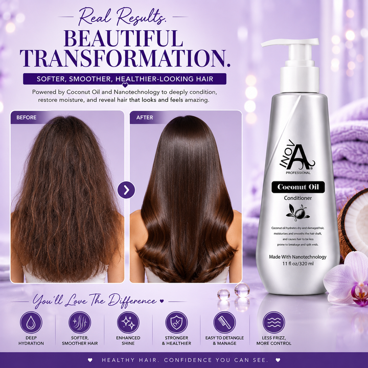 Before and after hair transformation using Inova Professional Coconut Oil Conditioner, showing dry, frizzy, damaged hair transformed into smoother, softer, shinier, deeply hydrated, healthier-looking hair with improved manageability, reduced frizz, and enhanced softness.