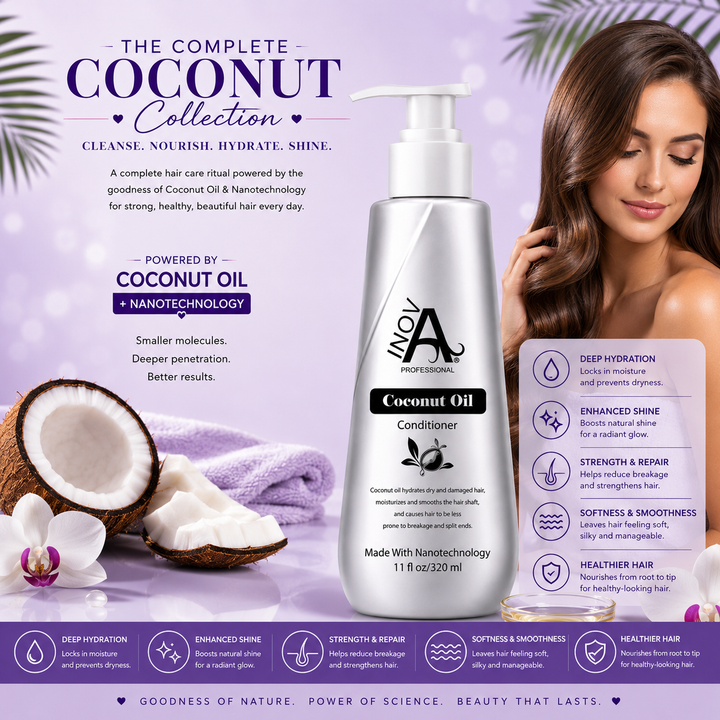 Inova Professional Coconut Oil Conditioner 11 oz luxury lifestyle image featuring deep hydration, enhanced softness, silky smooth hair, coconut oil nourishment, healthy shine, and professional salon-quality care on a light lavender spa-inspired background.
