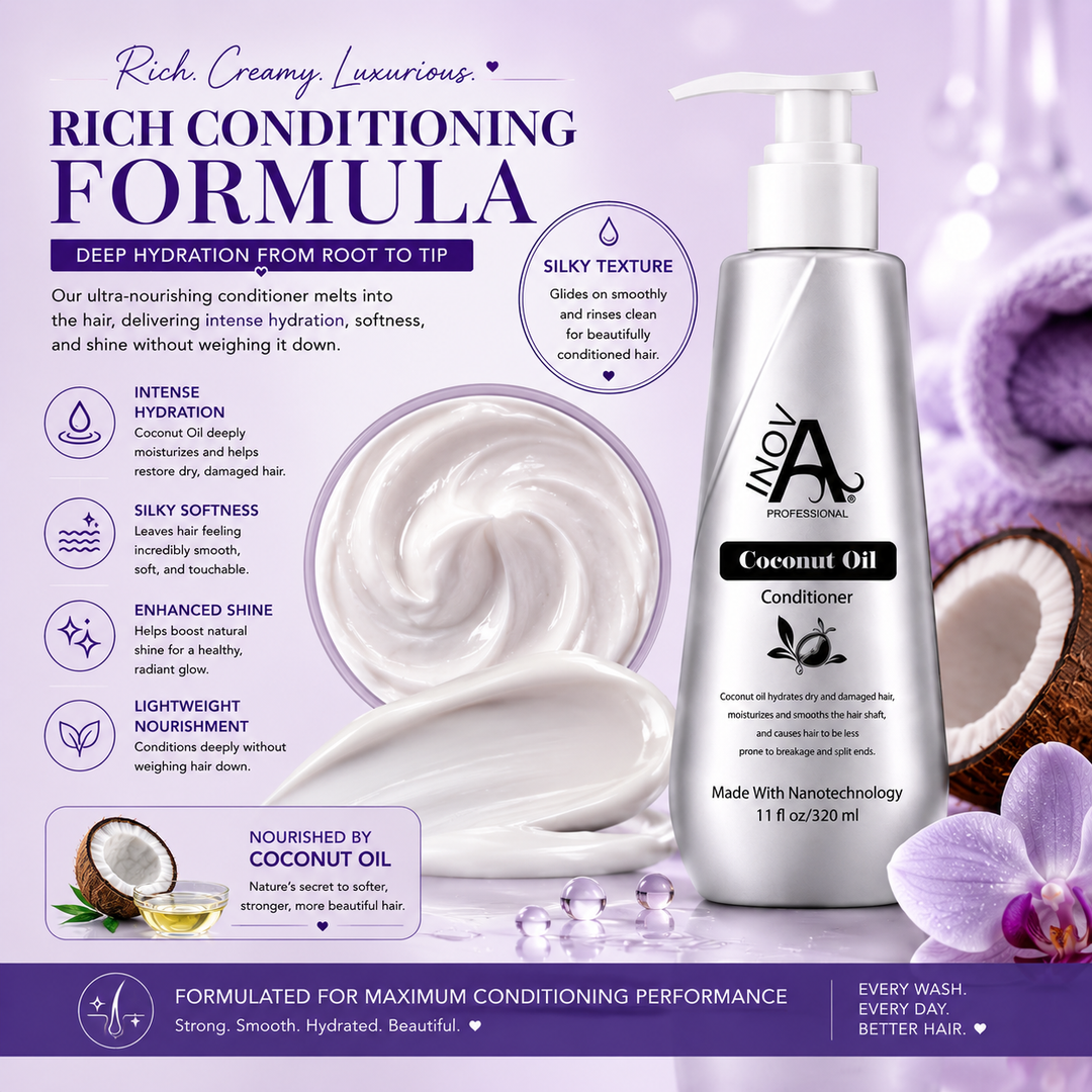 Inova Professional Coconut Oil Conditioner rich conditioning formula texture image featuring a creamy coconut oil-infused formula that deeply hydrates, nourishes, softens, enhances shine, improves manageability, and leaves hair silky smooth without weighing it down.
