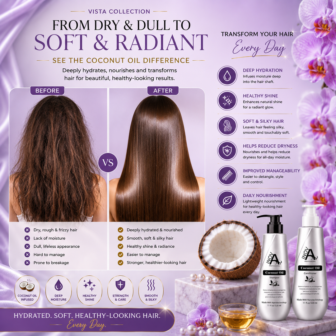 Inova Professional Vista Collection Coconut Oil Shampoo and Conditioner hair transformation results image showing dry, dull, frizzy hair transformed into soft, smooth, hydrated, and shiny hair. Features Coconut Oil-infused hydration technology designed to improve moisture retention, enhance shine, reduce dryness, support healthier-looking hair, and improve manageability. Displayed on a luxury lavender salon-inspired background with orchids, pearls, coconut oil elements, and premium haircare packaging.