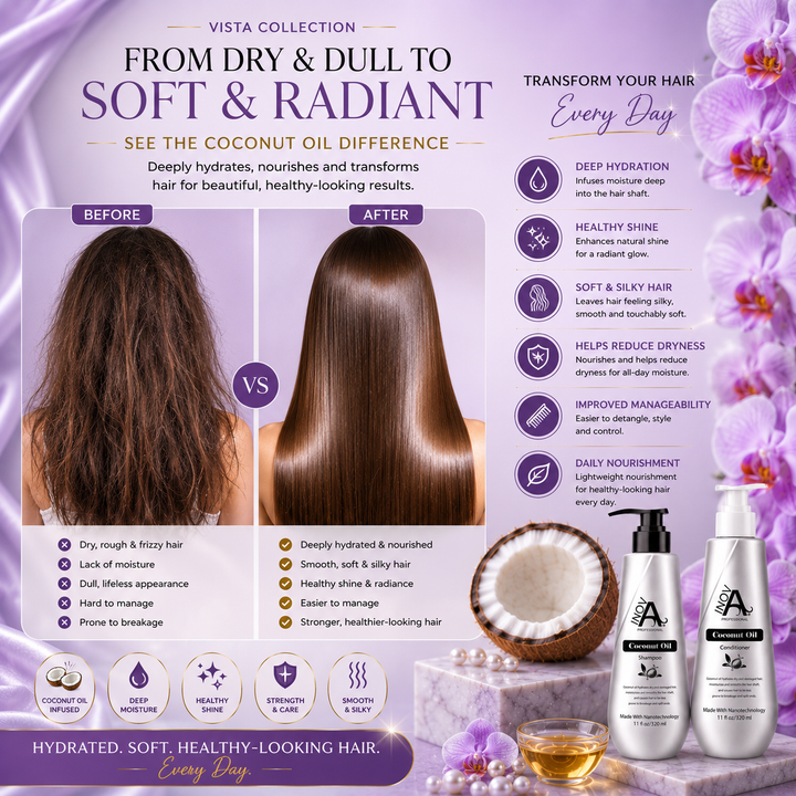 Inova Professional Vista Collection Coconut Oil Shampoo and Conditioner hair transformation results image showing dry, dull, frizzy hair transformed into soft, smooth, hydrated, and shiny hair. Features Coconut Oil-infused hydration technology designed to improve moisture retention, enhance shine, reduce dryness, support healthier-looking hair, and improve manageability. Displayed on a luxury lavender salon-inspired background with orchids, pearls, coconut oil elements, and premium haircare packaging.