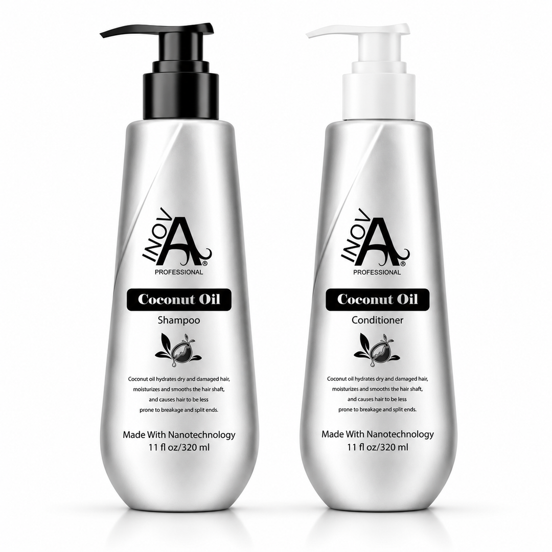 Inova Professional Vista Collection Coconut Oil Shampoo and Conditioner Set featuring deep hydration and nourishment benefits. Infused with coconut oil to help moisturize dry hair, improve softness, enhance shine, reduce dryness, and support healthy-looking hair. Luxury lavender salon-inspired background with orchids, pearls, coconut oil, and premium haircare packaging.