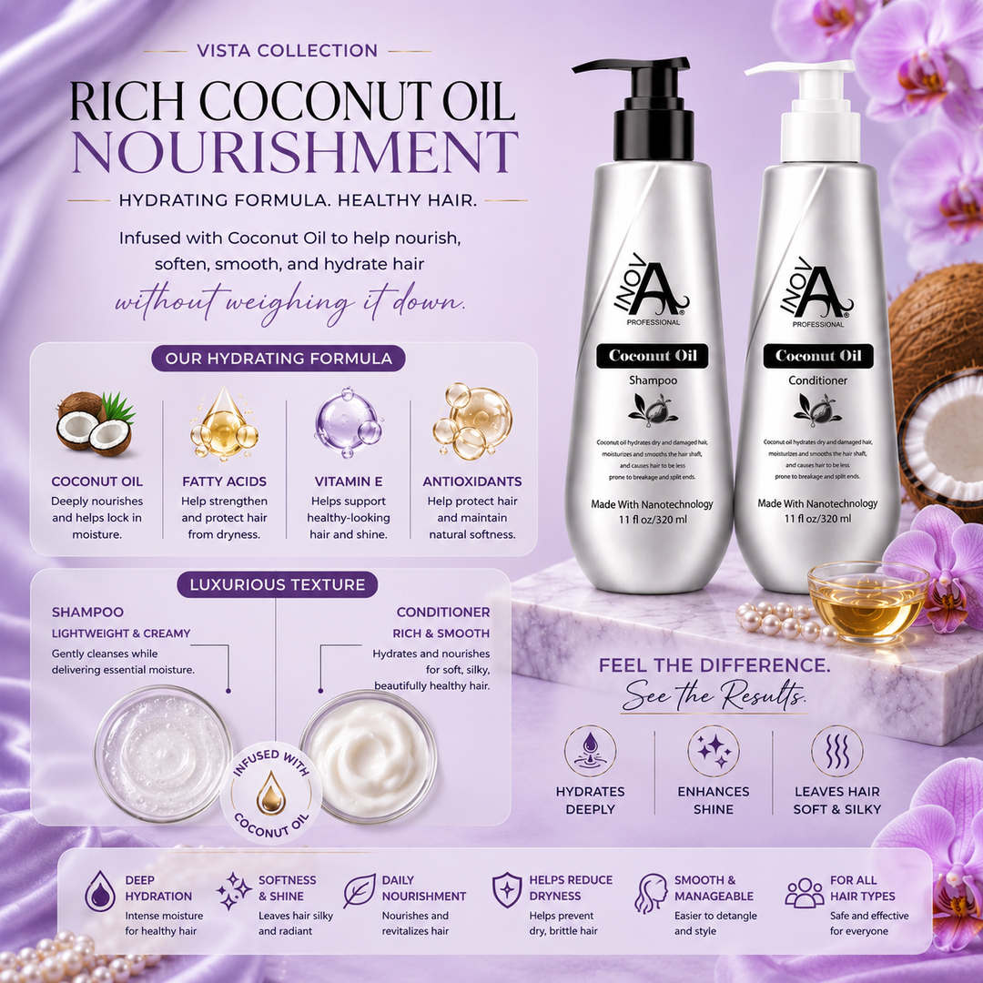Inova Professional Vista Collection Coconut Oil Shampoo and Conditioner rich nourishment formula infographic featuring Coconut Oil, fatty acids, Vitamin E, and antioxidant benefits. Shows luxurious shampoo and conditioner textures designed to deeply hydrate, soften, smooth, and nourish hair while enhancing shine, improving manageability, and helping reduce dryness. Displayed on a luxury lavender salon-inspired background with orchids, pearls, marble accents, and coconut oil elements.