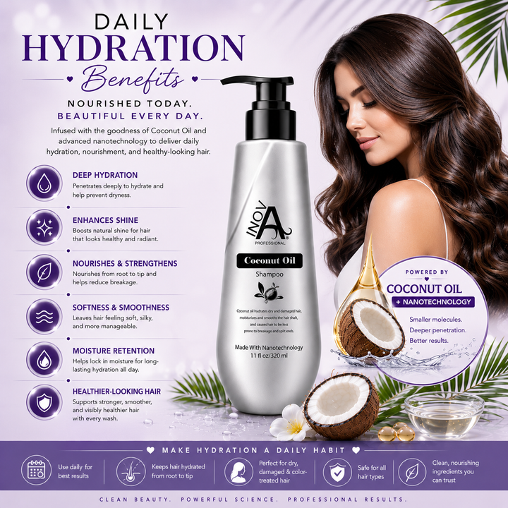 Inova Professional Coconut Oil Shampoo daily hydration benefits image featuring coconut oil and nanotechnology to provide deep moisture, enhanced shine, improved softness, moisture retention, stronger healthier-looking hair, and long-lasting hydration for dry and damaged hair.