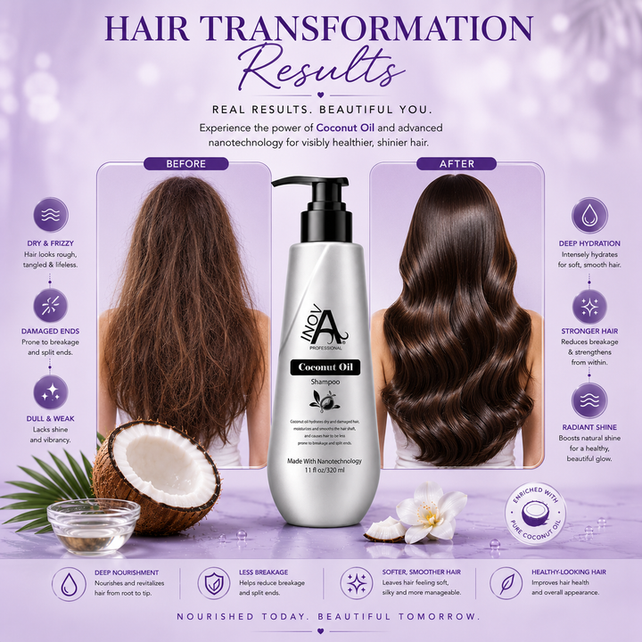 Before and after hair transformation using Inova Professional Coconut Oil Shampoo, showing dry, frizzy, dull hair transformed into deeply hydrated, smoother, shinier, healthier-looking hair with improved softness, strength, and manageability.