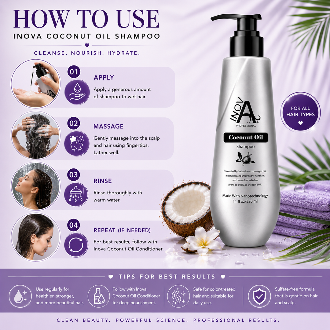 Step-by-step guide showing how to use Inova Professional Coconut Oil Shampoo, including application, scalp massage, rinsing, and daily hair care routine to cleanse, hydrate, nourish, and improve shine for healthier-looking hair.