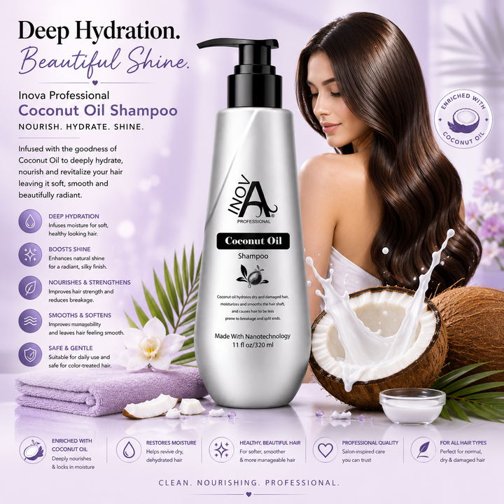 Inova Professional Coconut Oil Shampoo 11 oz luxury lifestyle image featuring coconut oil hydration, healthy shiny hair, deep moisture nourishment, enhanced softness, and professional salon-quality care for dry and damaged hair.