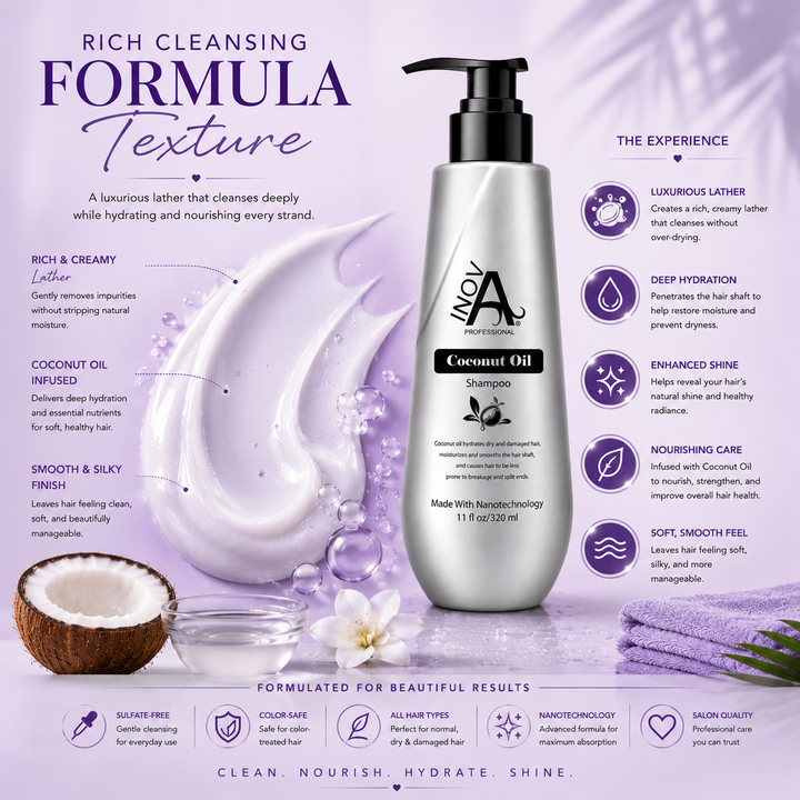 Inova Professional Coconut Oil Shampoo rich cleansing formula texture image featuring a luxurious creamy lather infused with coconut oil to gently cleanse, deeply hydrate, nourish dry hair, enhance shine, improve softness, and leave hair smooth, healthy, and manageable.