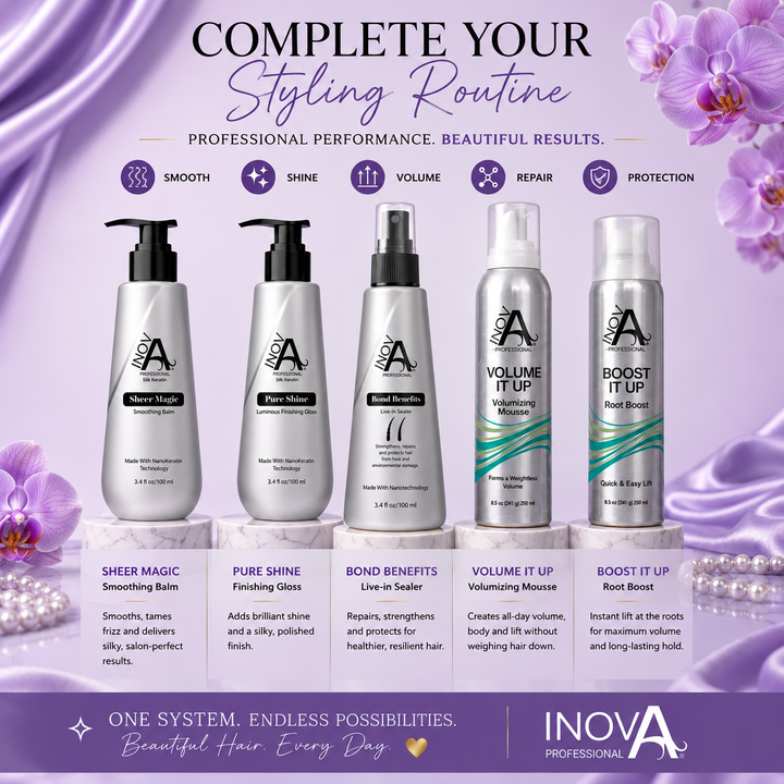 Inova Professional Complete Styling Collection featuring Sheer Magic Smoothing Balm, Pure Shine Finishing Gloss, Bond Benefits Live-In Sealer, Volume It Up Volumizing Mousse, and Boost It Up Root Boost. Professional salon styling system designed for smoothness, shine, volume, repair, and protection. Luxury lavender beauty background with orchids, pearls, and premium haircare products for complete styling and finishing results.