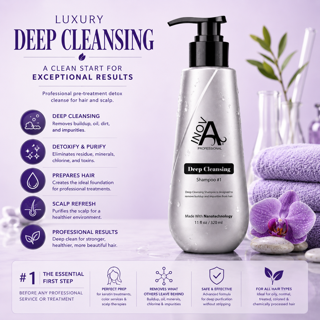 Inova Professional Deep Cleansing Clarifying Shampoo #1 11 oz luxury lifestyle image featuring a professional pre-treatment detox cleanse that removes buildup, excess oil, dirt, residue, minerals, chlorine, and impurities while refreshing the scalp and preparing hair for keratin treatments, color services, scalp care routines, and professional salon results.