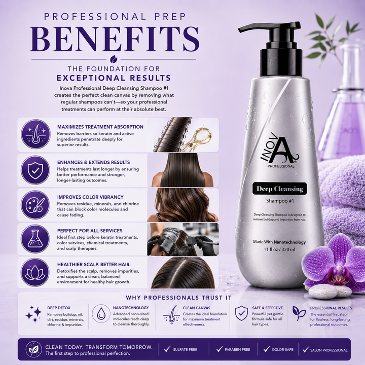 Inova Professional Deep Cleansing Clarifying Shampoo #1 11 oz professional prep benefits image highlighting the essential first step before keratin treatments, hair color, chemical services, and scalp care. Advanced Nanotechnology removes product buildup, excess oil, dirt, minerals, chlorine, hard water residue, and impurities to create a perfectly clean foundation that improves treatment absorption, enhances color performance, supports a healthier scalp, and helps achieve longer-lasting professional salon 