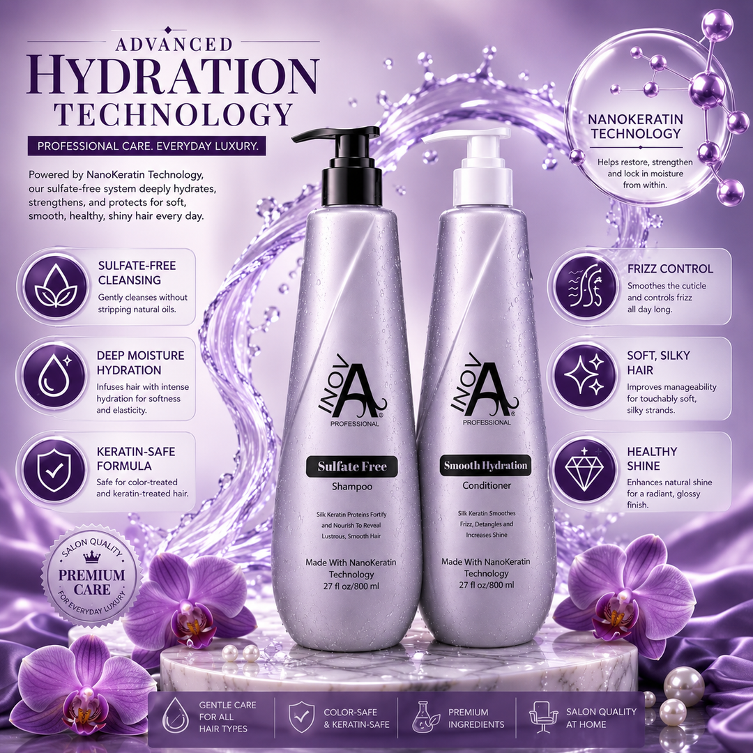 Inova Professional Diana Collection hydration technology image featuring sulfate-free shampoo and smooth hydration conditioner with NanoKeratin technology, deep moisture hydration, keratin-safe cleansing, frizz control, silky softness, healthy shine, water splash effects, and luxury purple spa background.