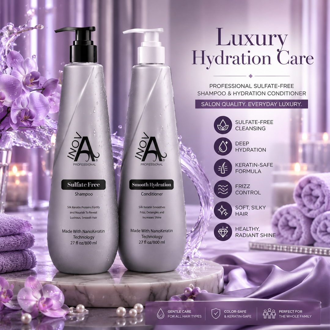 Inova Professional Diana Collection Sulfate-Free Shampoo and Smooth Hydration Conditioner luxury hydration lifestyle image featuring keratin-safe salon aftercare duo with deep moisture, frizz control, soft silky hair, healthy shine, water splash effects, orchids, towels, and elegant purple spa background.