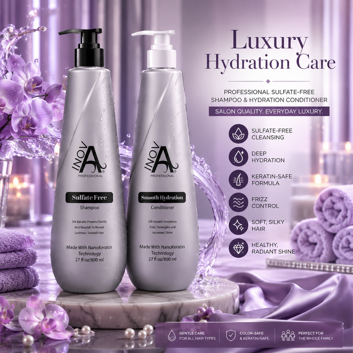 Inova Professional Diana Collection Sulfate-Free Shampoo and Smooth Hydration Conditioner luxury hydration lifestyle image featuring keratin-safe salon aftercare duo with deep moisture, frizz control, soft silky hair, healthy shine, water splash effects, orchids, towels, and elegant purple spa background.