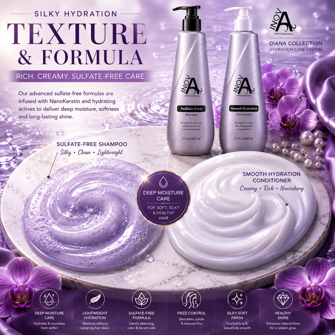 Inova Professional Diana Collection texture and formula image featuring sulfate-free shampoo and smooth hydration conditioner with rich creamy moisture texture, silky hydration formula, deep moisture care, frizz control, healthy shine, and luxury purple spa background with glossy hydration effects.