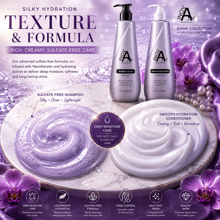 Inova Professional Diana Collection texture and formula image featuring sulfate-free shampoo and smooth hydration conditioner with rich creamy moisture texture, silky hydration formula, deep moisture care, frizz control, healthy shine, and luxury purple spa background with glossy hydration effects.