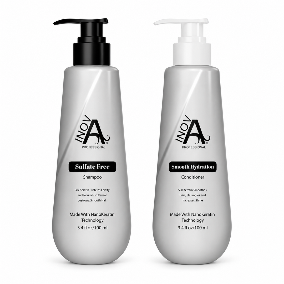 Inova Professional Diana Collection Sulfate-Free Shampoo and Smooth Hydration Conditioner 3.4 oz travel-size duo with NanoKeratin technology for gentle cleansing, hydration, frizz control, softness, and healthy shiny hair on clean white background.