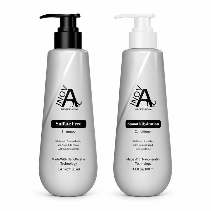 Inova Professional Diana Collection Sulfate-Free Shampoo and Smooth Hydration Conditioner 3.4 oz travel-size duo with NanoKeratin technology for gentle cleansing, hydration, frizz control, softness, and healthy shiny hair on clean white background.