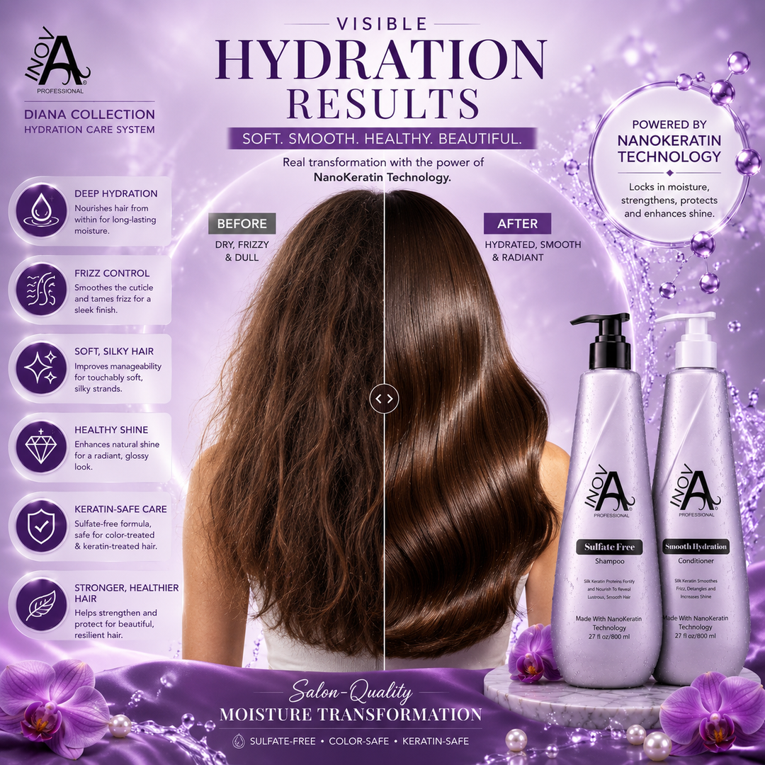 Inova Professional Diana Collection hair transformation image featuring sulfate-free shampoo and smooth hydration conditioner with visible before and after results showing hydrated, smooth, silky, healthy shiny hair, frizz control, deep moisture care, and NanoKeratin technology on luxury purple spa background.