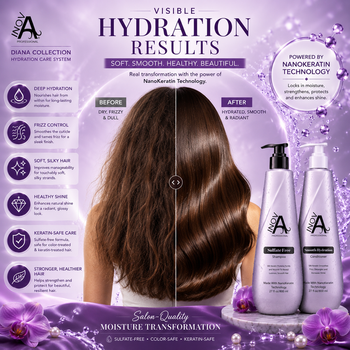 Inova Professional Diana Collection hair transformation image featuring sulfate-free shampoo and smooth hydration conditioner with visible before and after results showing hydrated, smooth, silky, healthy shiny hair, frizz control, deep moisture care, and NanoKeratin technology on luxury purple spa background.