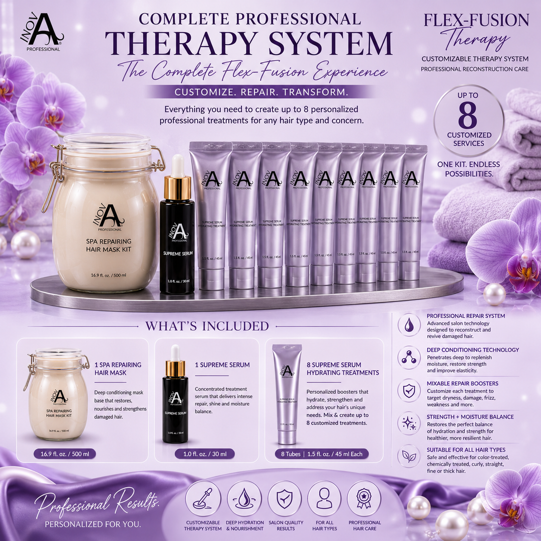 Inova Professional Flex-Fusion Therapy complete hair repair system featuring Spa Repairing Hair Mask, Supreme Serum, and 8 Hydrating Treatment tubes. Professional customizable deep conditioning treatment designed for hydration, strength, moisture balance, and salon-quality hair restoration on a luxury lavender spa background.