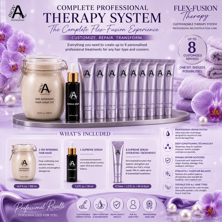 Inova Professional Flex-Fusion Therapy complete hair repair system featuring Spa Repairing Hair Mask, Supreme Serum, and 8 Hydrating Treatment tubes. Professional customizable deep conditioning treatment designed for hydration, strength, moisture balance, and salon-quality hair restoration on a luxury lavender spa background.