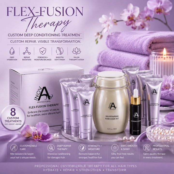 Inova Professional Flex-Fusion Therapy luxury spa hair repair treatment image featuring customizable deep conditioning system, mixable repair boosters, hydrating therapy products, spa towels, orchids, pearls, and soft lavender salon background for professional hair restoration and hydration care.