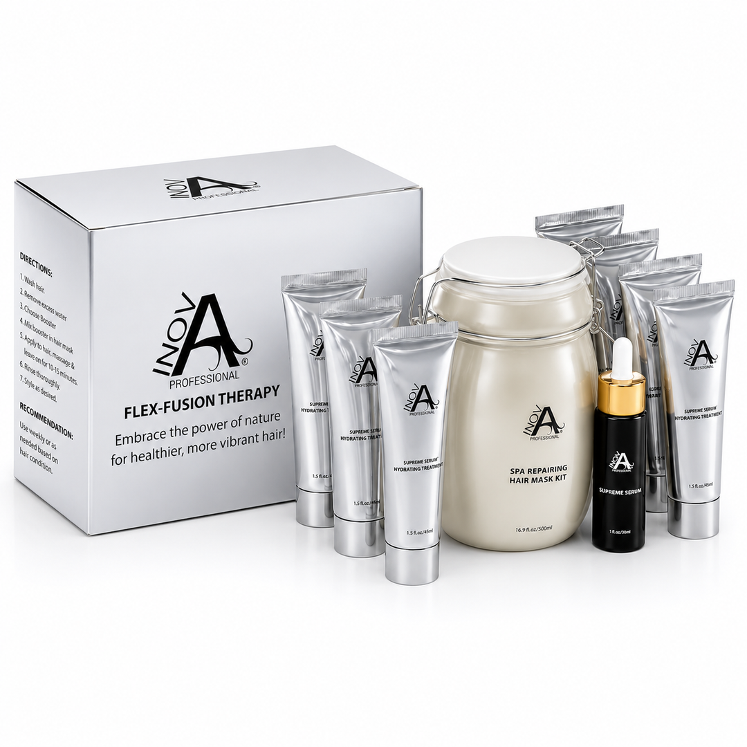 Inova Professional Flex-Fusion Therapy custom deep conditioning treatment system featuring mixable repair boosters, spa repairing hair mask, hydrating treatment tubes, supreme serum, and professional salon hair repair kit on clean white background.