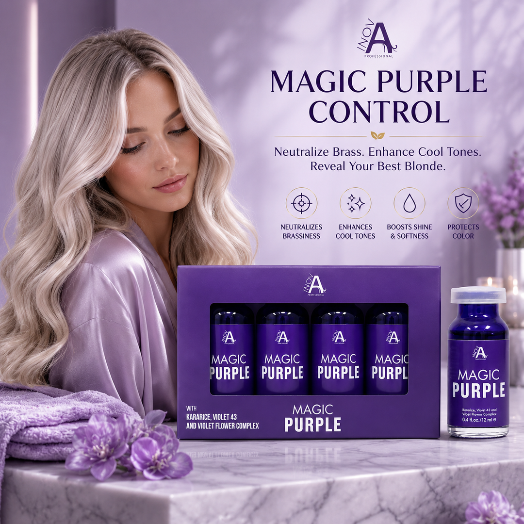 Inova Professional Magic Purple Control luxury lifestyle image featuring the complete purple pigment treatment system for blonde, silver, gray, and highlighted hair. Formulated with Kerarice, Violet 43, and Violet Flower Complex to neutralize yellow and brassy tones, enhance cool blonde color, boost shine, protect color-treated hair, and leave hair vibrant, silky, and salon fresh with every application.