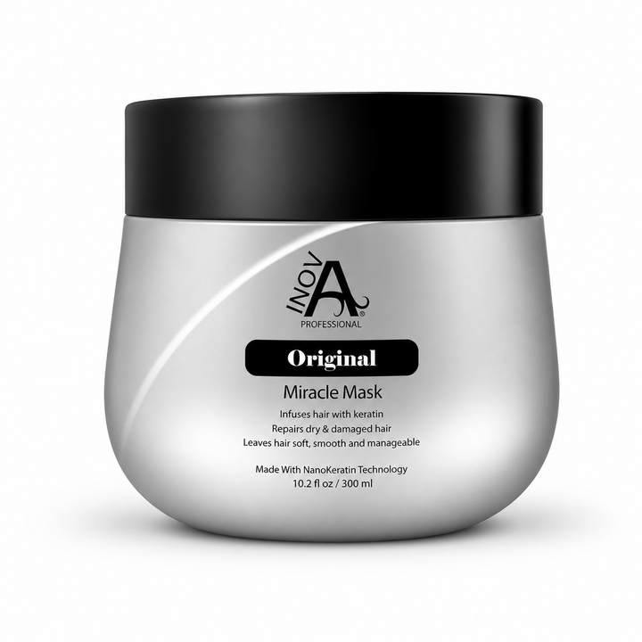 Inova Professional Original Miracle Mask 10.2 oz professional keratin hair mask for deep hydration, damage repair, softness, shine, and frizz control on white background.