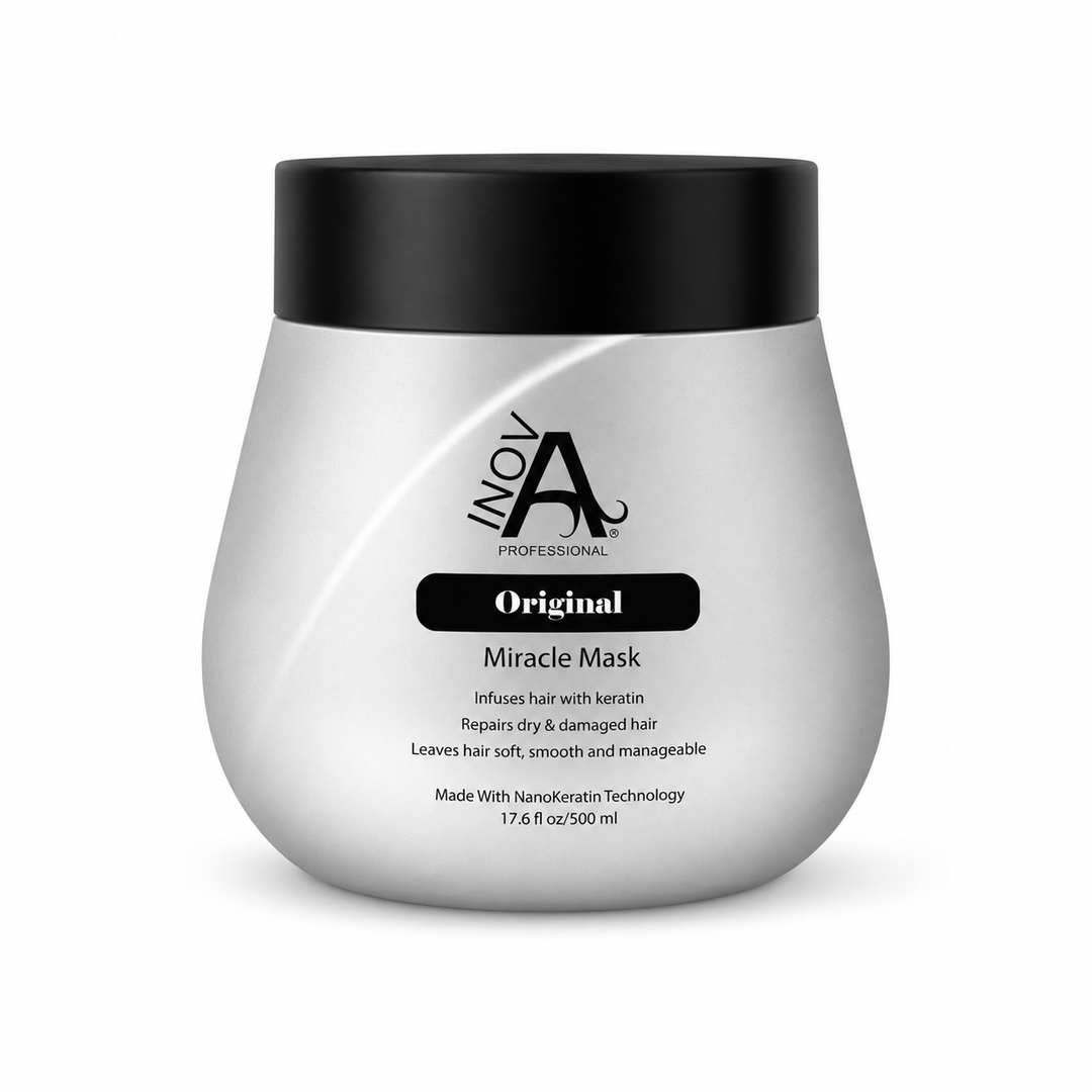 Inova Professional Original Miracle Mask 17.6 oz professional keratin hair mask for deep hydration, damage repair, softness, shine, and frizz control on white background.
