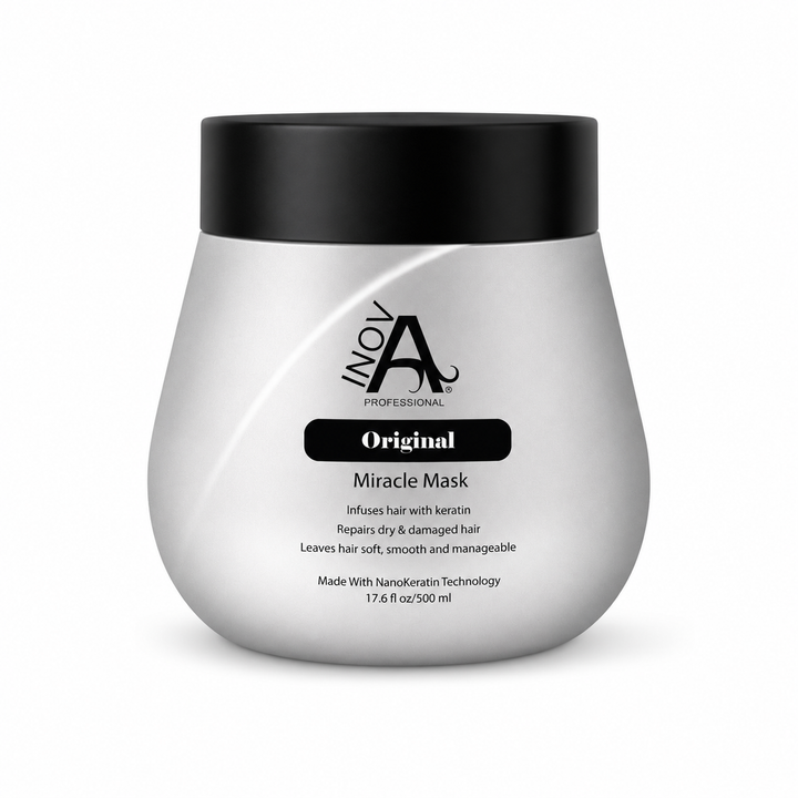 Inova Professional Original Miracle Mask 17.6 oz professional keratin hair mask for deep hydration, damage repair, softness, shine, and frizz control on white background.